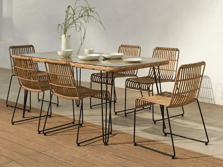 Table à manger rectangulaire BERLO 180 cm – Osier synthétique et verre trempé