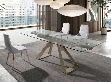 Table à manger rectangulaire extensible Balina 160/240 cm - Plateau en verre trempé et pieds acier marron clair