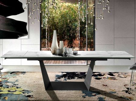 Table à manger rectangulaire extensible Balina L 180/270 cm - Plateau en porcelaine blanche et pied acier noir