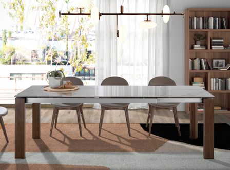 Table à manger rectangulaire extensible Katina L 180/235 cm - Plateau en porcelaine blanc et pieds noyer