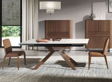 Table à manger rectangulaire extensible Orlando L180-260 cm - Plateau porcelaine blanc et pieds acier marron effet noyer