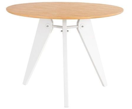 Table à manger ronde bois d'hévéa avec placage chêne et pieds laqué blanc Alino 100 cm