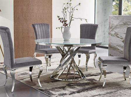 Table à manger ronde design acier chromé et verre trempé Boza 130 cm