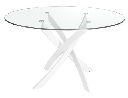 Table à manger ronde design Princia - Plateau en verre transparent et pied en acier blanc