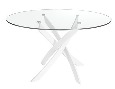 Table à manger ronde design Princia - Plateau en verre transparent et pied en acier blanc