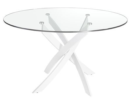 Table à manger ronde design Princia - Plateau en verre transparent et pied en acier blanc