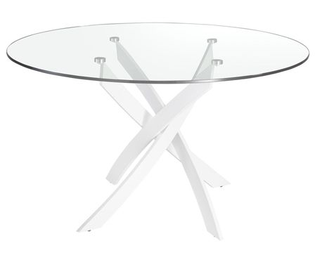 Table à manger ronde design Princia - Plateau en verre transparent et pied en acier blanc