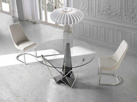 Table à manger ronde design verre trempé et pieds acier chromé Bazika 130 cm