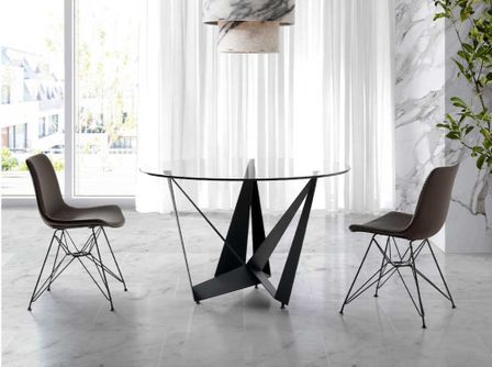 Table à manger ronde design verre trempé et pieds acier noir Bazika 120 cm