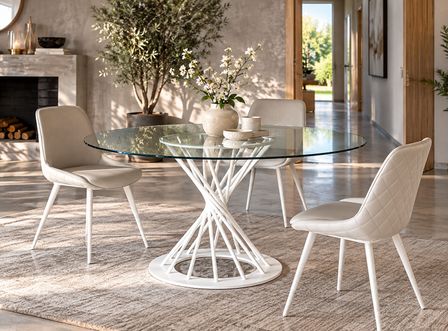 Table à manger ronde design ZEBRA Ø 140 cm – Plateau en verre trempé et pied sculptural