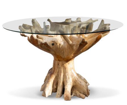Table à manger ronde en racine de teck et verre trempé RAKINA
