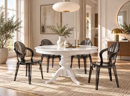 Table à manger ronde extensible VERZA Ø 120 à 160 cm – Bois massif et laqué blanc – Haut de gamme