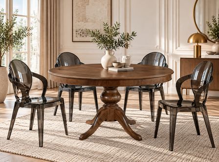 Table à manger ronde extensible VERZA Ø 120 à 160 cm – Bois massif et vernis marron – Haut de gamme