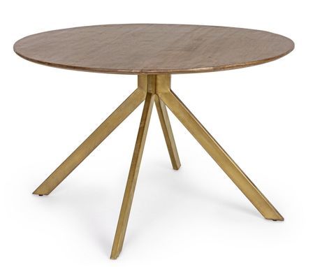 Table à manger ronde KAMY Ø120 - Bois de manguier marron & pieds acier laiton - 6 places