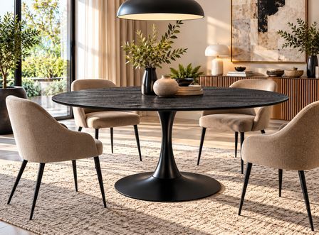 Table à manger ronde KULIPA Ø120 cm – Acier & bois noir avec veinure – 5 places