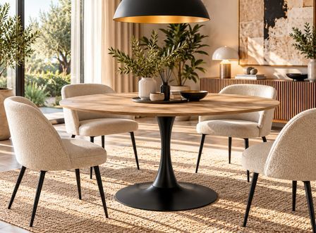 Table à manger ronde KULIPA Ø120 cm – Acier noir & bois naturel – 5 places
