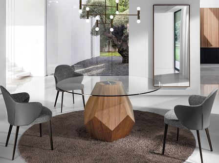 Table à manger ronde Okta 150 cm - Noyer et verre transparent