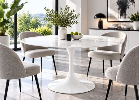 Table à manger ronde PETALE Ø90 cm – Bois MDF et pied tulipe en métal laqué blanc – Design contemporain