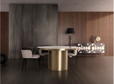 Table à manger ronde porcelaine et acier doré Tikah Ø150 cm