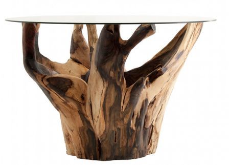 Table à manger ronde racine de teck et verre Arbuste