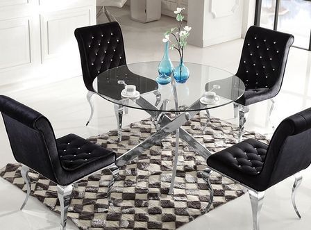 Table à manger ronde verre trempé et acier inoxydable Kroza 110 cm