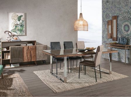Table à manger STAVY 180 cm - Bois massif & pieds acier chromé - 8 places