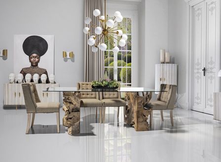 Table à manger teck massif clair et plateau verre Newti