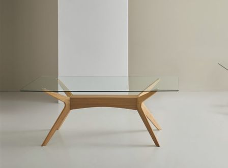 Table à manger verre trempé et bois d'hévéa finition chêne Noky