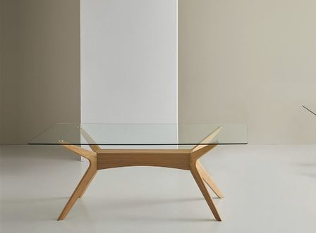 Table à manger verre trempé et bois d'hévéa finition noyer Noky