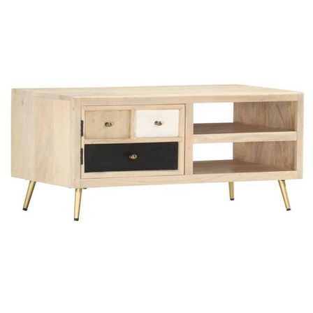 Table basse 1 porte manguier massif et métal doré Lousia