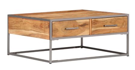 Table basse 2 tiroirs 2 tiroirs acacia massif clair et métal gris Babola