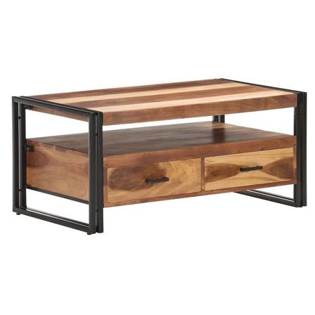 Table basse 2 tiroirs acacia massif foncé et métal noir Milam 100 cm