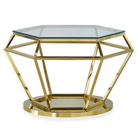 Table basse hexagonale verre transparent et pied doré