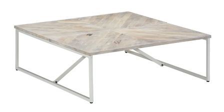 Table basse carrée manguier massif clair brossé et métal blanc Pili