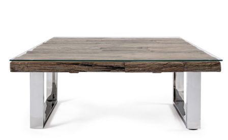 Table basse carrée SAVY 100 cm - Bois massif & pieds acier chromé