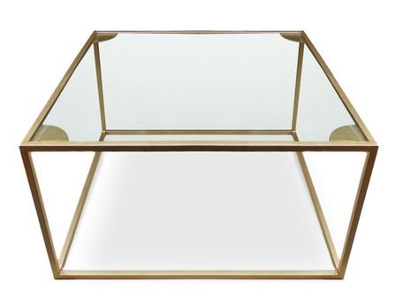 Table basse carrée verre transparent et pieds métal doré Raveln 66 cm