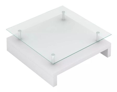 Table basse carrée verre trempé et bois blanc brillant Cubi 77 cm