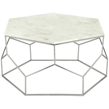 Table basse hexagonale marbre blanc et pieds nickel Raleh