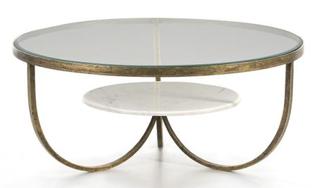 Table basse marbre blanc et verre pieds métal doré D 92 cm