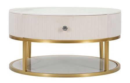 Table basse ronde crème avec tiroir effet marbre et métal doré