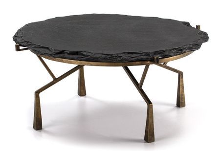 Table basse pierre noire et pieds métal doré vieilli D 95 cm