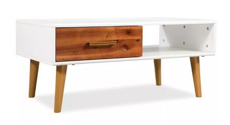 Table basse rectangulaire 1 tiroir acacia massif foncé et blanc Soken