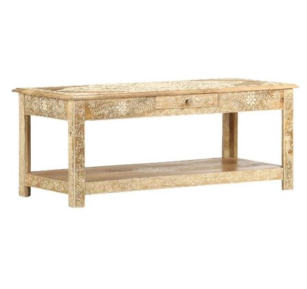 Table basse rectangulaire 1 tiroir manguier massif clair sculpté Ratu