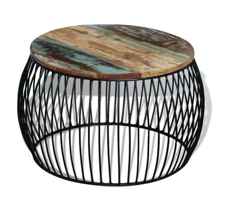 Table basse ronde bois massif recyclé foncé et métal noir Boust