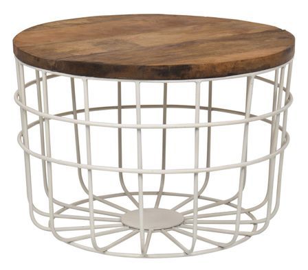 Table basse ronde industriel bois massif clair et acier blanc Dutika