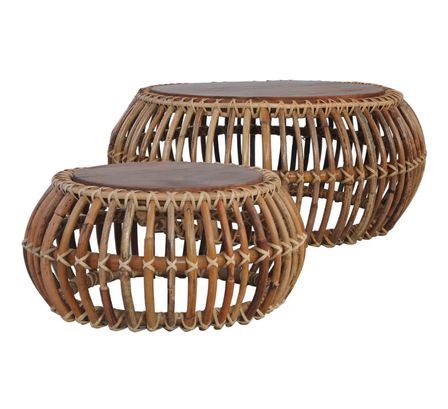 Table basse ronde rotin et teck massif foncé Maboo - Lot de 2