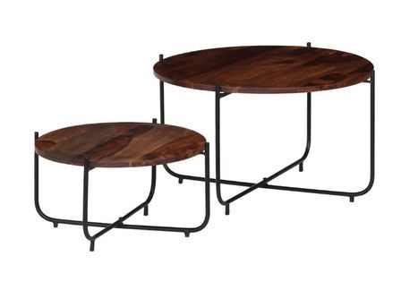 Table basse ronde sesham massif foncé et métal noir Elane - Lot de 2