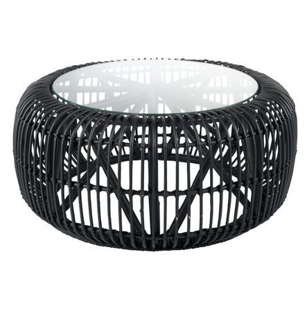 Table basse ronde verre et rotin noir mat Bialli