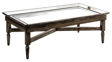 Table basse shabby chic bois massif champagne usé et plateau verre Tress