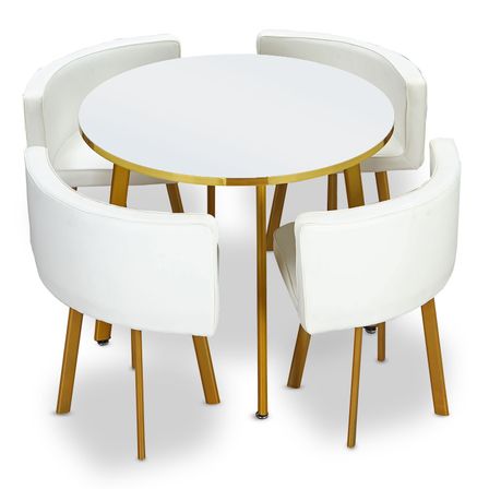 Table bois blanc et 4 chaises simili cuir pieds métal doré Gira
